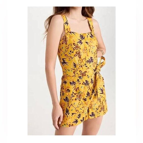 ALC Gilmour Print Linen Belted Romper yellow 6 NWT - Picture 1 of 7